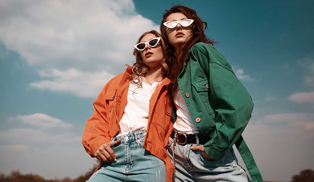 fashion models posing with new apparel and sunglasses