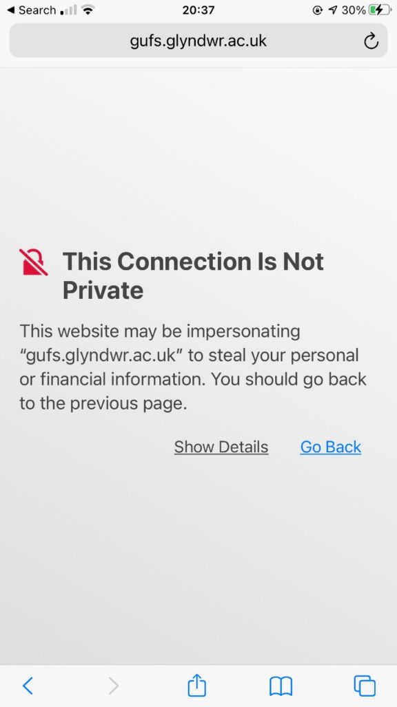 screenshot showing this connection not private message