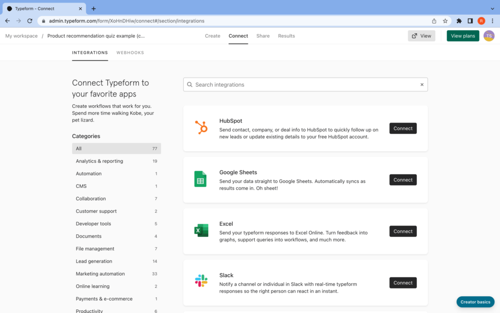 skincare-quiz-template-step-eight connect lead information to your integrations from typeform