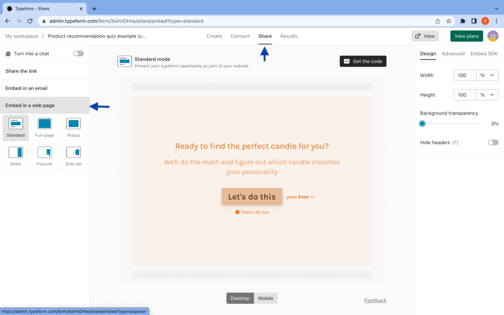 skincare-quiz-template-step-nine embedding a typeform quiz on your website