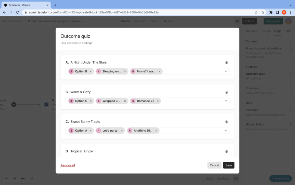 skincare-quiz-template-step-seven-pt-2 create logic for product recommendations in typeform
