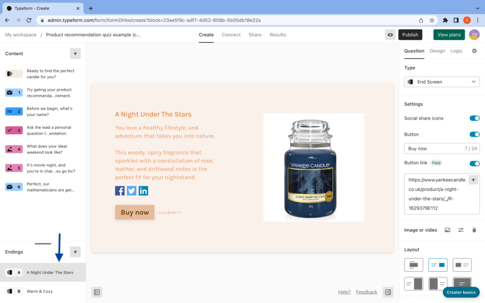 skincare-quiz-template-step-six typeform exit screen with product recommendations