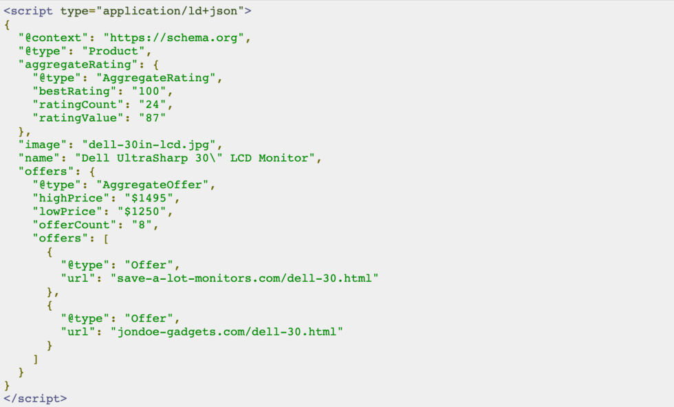 image of json-ld product structure data JSON structured data code snippet