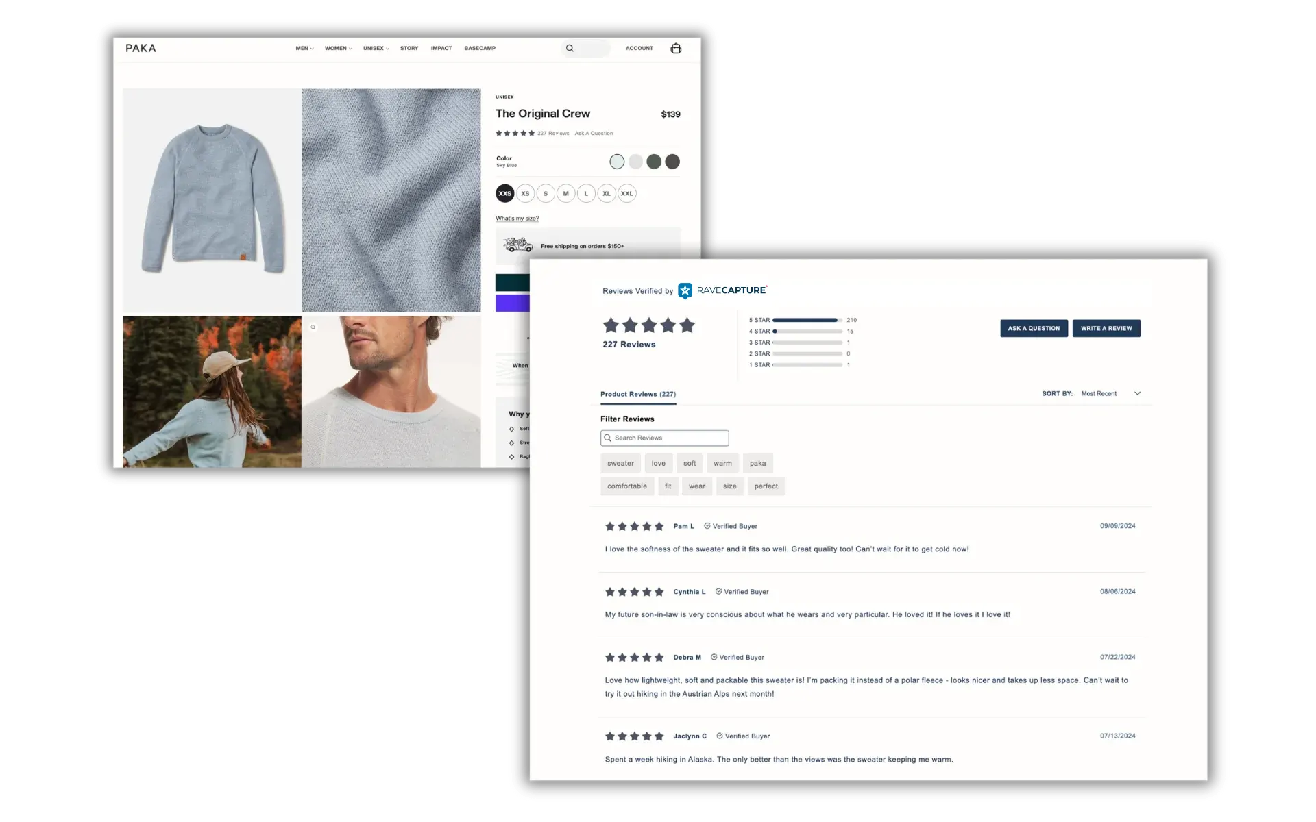 paka apparel displaying reviews on website