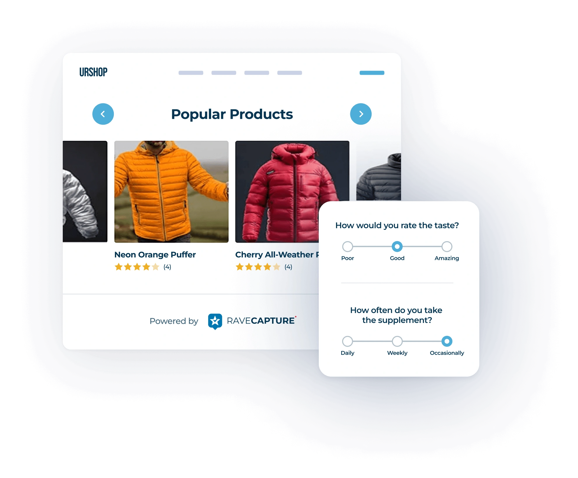 apparel brand store page showing visual gallery and survey