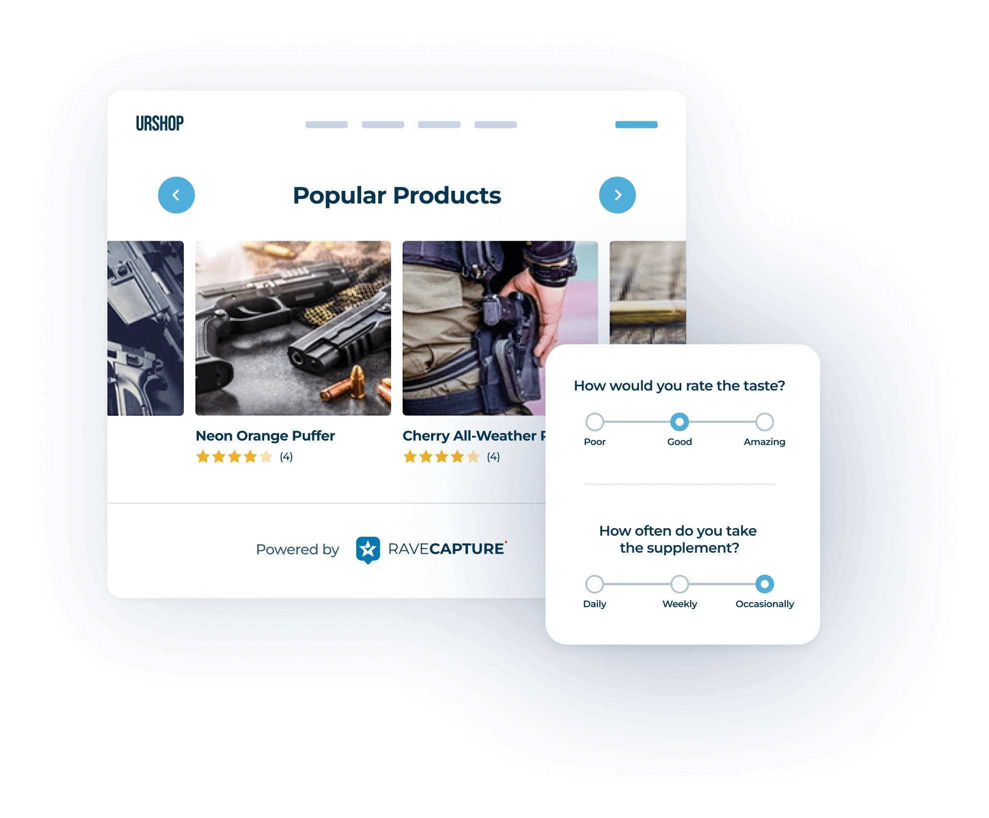 firearms store page showing visual gallery and survey