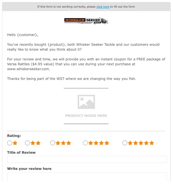 Whisker Seeker Tackle Review Email Example